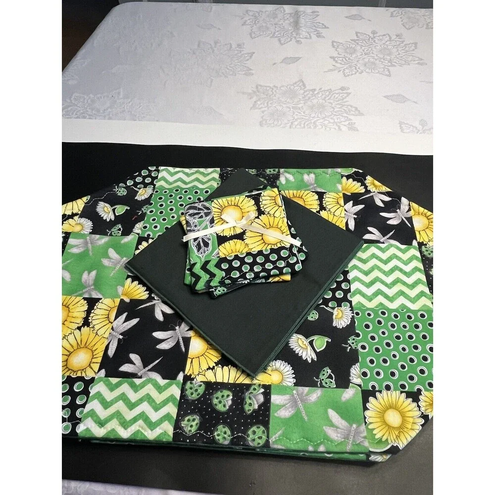 12pc Quilted Yellow Flowers Dragonfly Placemats Napkins Coasters Amish Made New